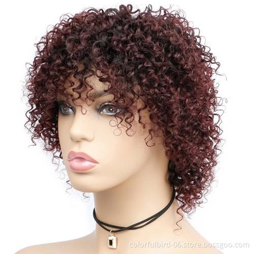 Cheap 1b/30 Ombre Human Hair for Women Peruvian Curly Wig with Bangs Afro Kinky Curly Wigs Jerry Curly Brown Short Wig